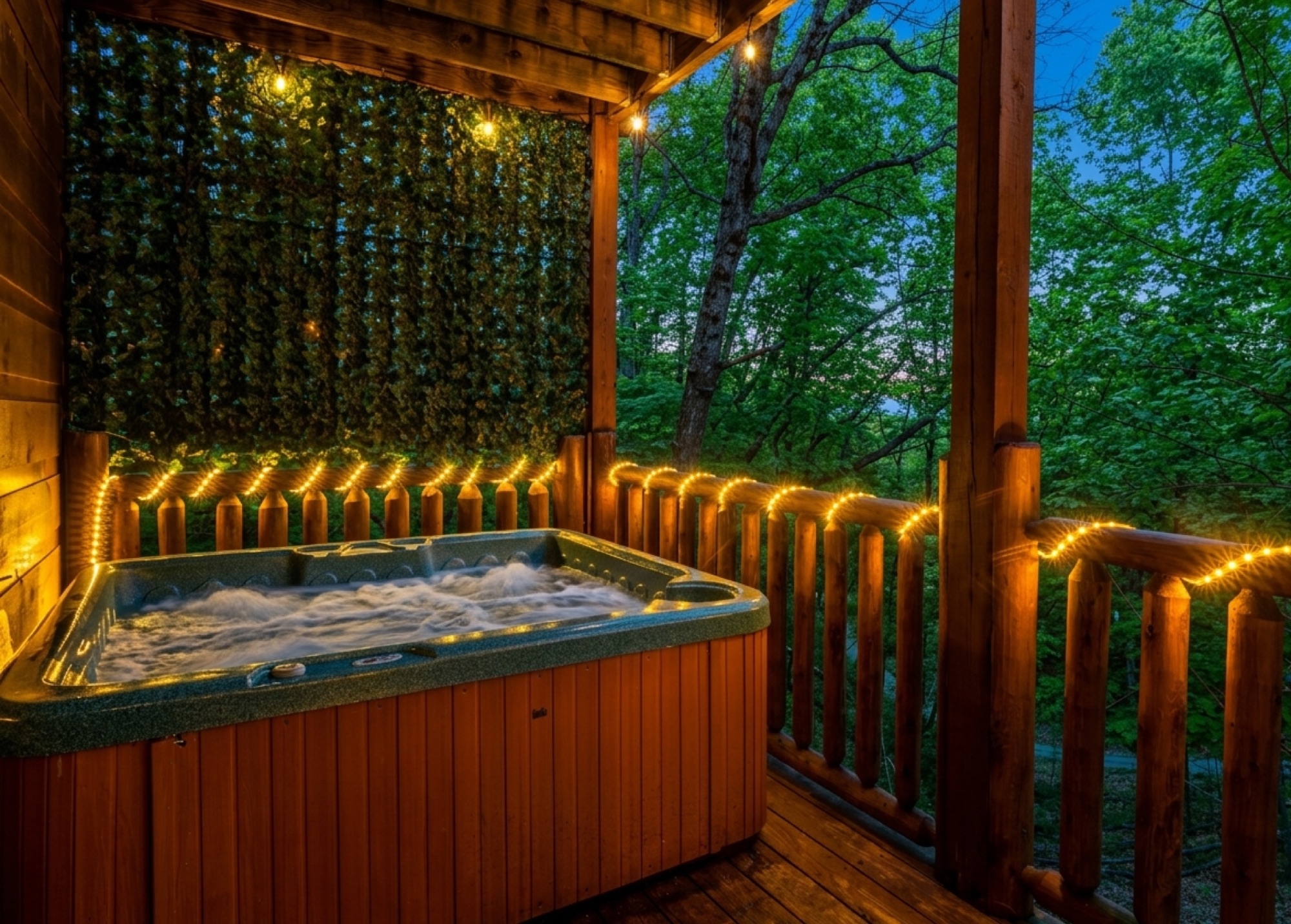 Private hot tub on the Bearadise deck lit with warm string lights at dusk